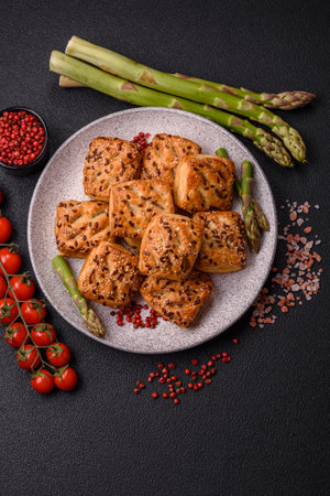 Triangular puffs with feta cheese, tomatoes with salt, spices and herbs on a dark concrete backgroundの写真素材