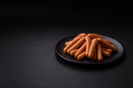 Delicious vegetarian or vegan sausages with salt, spices and herbs on a dark concrete backgroundの写真素材
