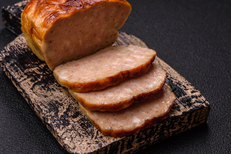Delicious roll or homemade minced chicken sausage with salt, spices and herbs on a dark concrete...