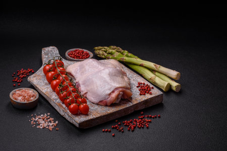 Raw chicken thighs with salt, spices and herbs on a dark concrete backgroundの写真素材