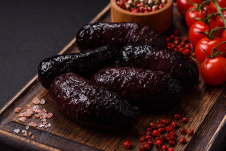 Delicious black blood sausage or black pudding with spices and herbs grilled on a black concrete...