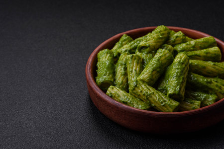 Delicious pasta with spinach sauce, olive oil and parmesan cheese with salt, spices and herbs on a dark concrete backgroundの写真素材