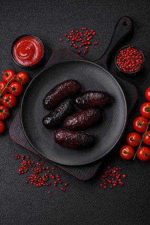 Delicious black blood sausage or black pudding with spices and herbs grilled on a black concrete backgroundの写真素材