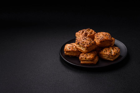 Triangular puffs with feta cheese, tomatoes with salt, spices and herbs on a dark concrete backgroundの写真素材