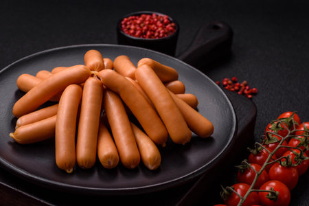 Delicious vegetarian or vegan sausages with salt, spices and herbs on a dark concrete backgroundの写真素材