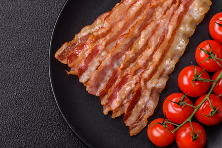 Delicious bacon in the form of slices with salt, spices and herbs on a dark concrete backgroundの写真素材