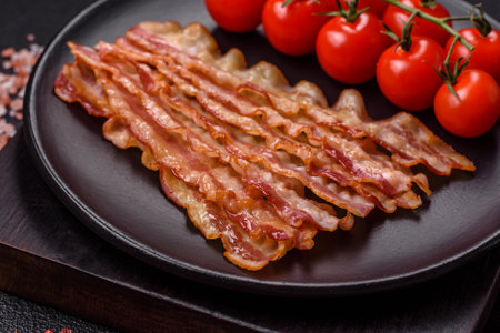 Delicious bacon in the form of slices with salt, spices and herbs on a dark concrete backgroundの写真素材