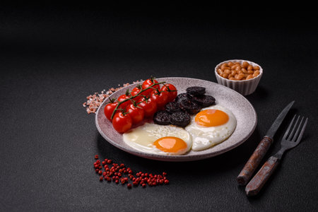English breakfast with fried eggs, bacon, beans, tomatoes, spices and herbs. A hearty and nutritious start of the dayの写真素材