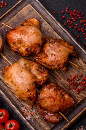 Juicy chicken kebab with salt, spices and herbs on a dark concrete backgroundの写真素材
