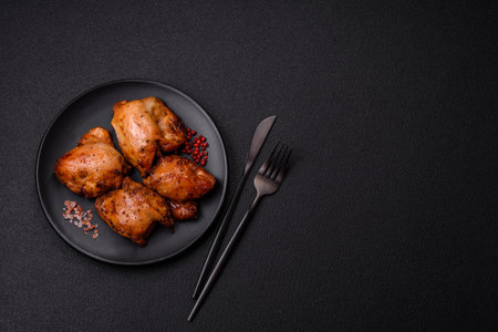 Juicy chicken kebab with salt, spices and herbs on a dark concrete backgroundの写真素材