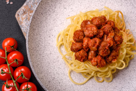 Delicious paste with soy meat with tomato sauce, salt and spices as a meat substitute for vegans and vegetariansの写真素材