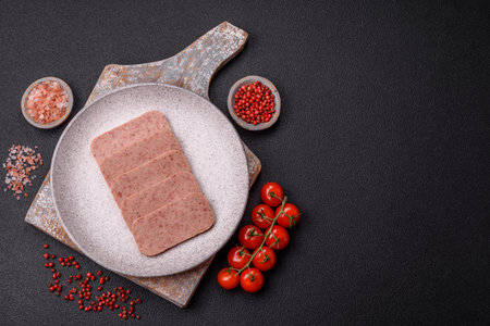 Delicious canned pink ham with salt, spices and herbs on a dark concrete backgroundの写真素材