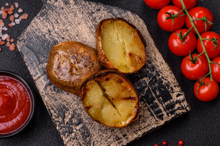 Delicious halved potatoes grilled with salt, spices and herbs on a dark concrete backgroundの写真素材