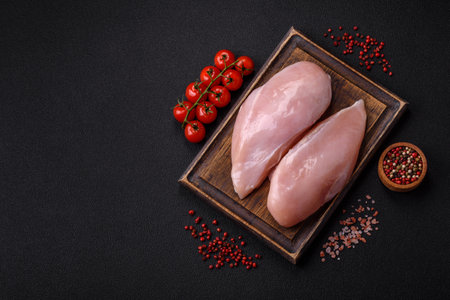 Fresh chicken fillet on a dark concrete table with spices and herbs. Preparation for cooking meat dishesの写真素材