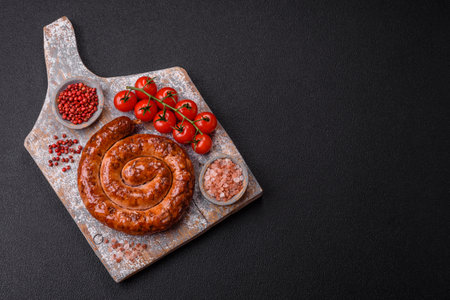 Delicious homemade sausage in the form of a spiral baked on the grill with salt, spices and herbs on a dark concrete backgroundの写真素材