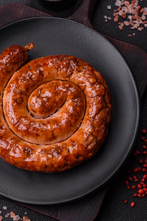 Delicious homemade sausage in the form of a spiral baked on the grill with salt, spices and herbs on a dark concrete backgroundの写真素材