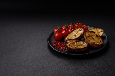 Delicious potato halves in skins baked on the grill with salt, spices and herbsの写真素材