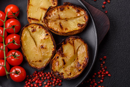 Delicious potato halves in skins baked on the grill with salt, spices and herbsの写真素材