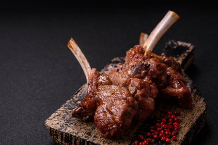 Delicious juicy meat on the bone or rack of lamb or grilled veal with salt, spices and herbs