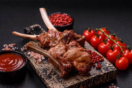Delicious juicy meat on the bone or rack of lamb or grilled veal with salt, spices and herbs