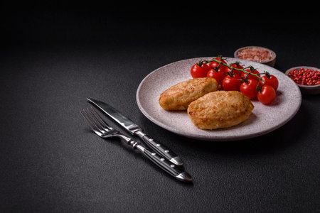 Delicious fresh fried minced cutlets with spices and herbs on a dark concrete backgroundの写真素材