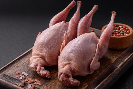 Whole raw quails with salt, spices and herbs on a dark concrete background prepared for bakingの写真素材