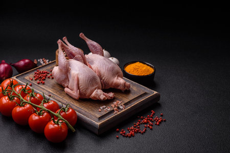 Whole raw quails with salt, spices and herbs on a dark concrete background prepared for bakingの写真素材