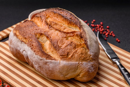 A loaf of brown bread with grains of cereals on a wooden cutting board on a dark concrete background