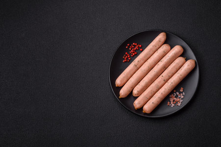 Vegan or vegetarian sausages made from meat substitutes with salt and spices on a dark concrete backgroundの写真素材