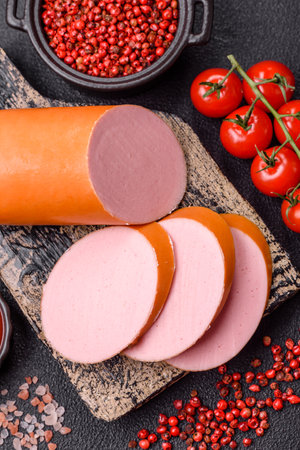 Boiled vegan or vegetarian sausage made from meat substitutes with salt and spices on a dark concrete backgroundの写真素材