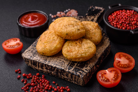 Round fish or chicken nuggets with salt and breaded spices on a dark concrete backgroundの写真素材