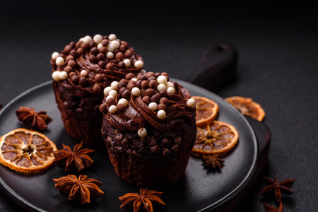 Delicious fresh muffins with filling and chocolate coating on a dark concrete backgroundの写真素材