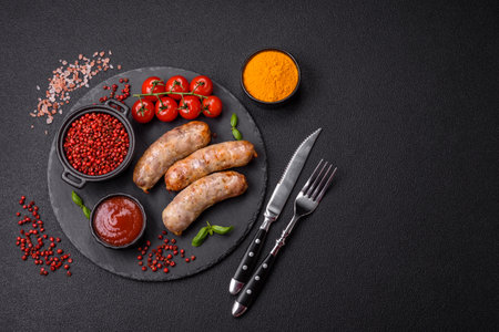 Baked chicken or pork sausages, salt, spices and herbs on a dark concrete backgroundの写真素材