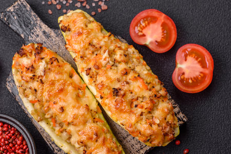 Zucchini halves baked with cheese, tomatoes, meat or meat substitute with salt, spices and herbsの写真素材