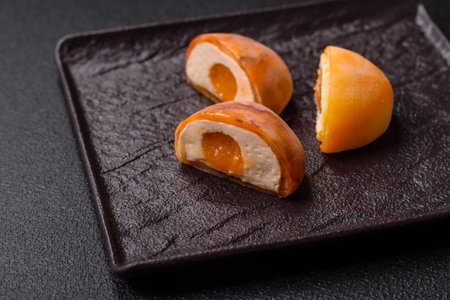 Delicious colorful asian mochi sweets with rice dough shell and fruit filling on dark concrete backgroundの写真素材