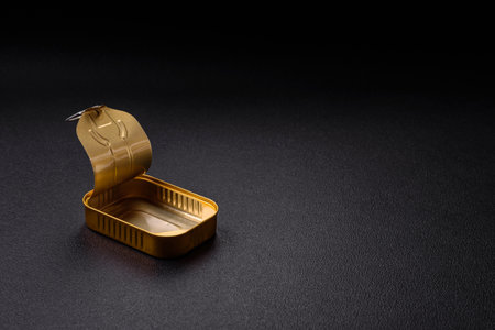 Tin or aluminum opened rectangular can of canned food with a key on a dark concrete backgroundの写真素材