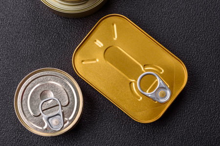 Metal can with canned meat or fish with a key to open it on a dark concrete background