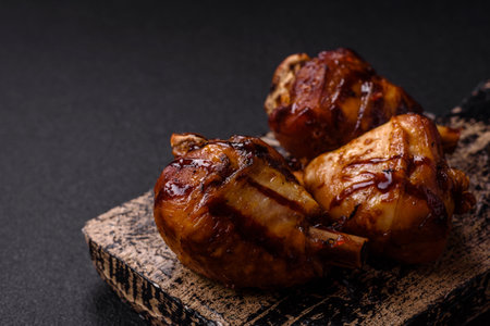 Delicious grilled chicken legs with spices and herbs in teriyaki sauce on a dark concrete backgroundの写真素材