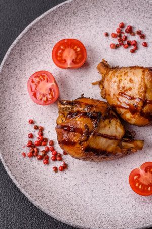 Delicious grilled chicken legs with spices and herbs in teriyaki sauce on a dark concrete backgroundの写真素材