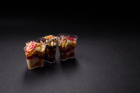 Delicious nutritious vegan dessert trifle with berries, cheese cream and yogurt on a dark concrete backgroundの写真素材
