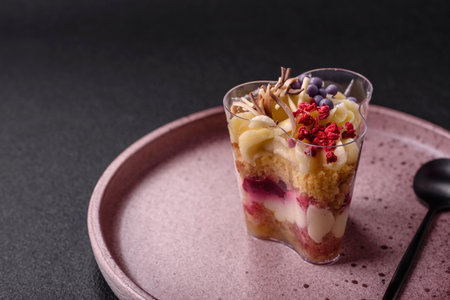 Delicious nutritious vegan dessert trifle with berries, cheese cream and yogurt on a dark concrete...