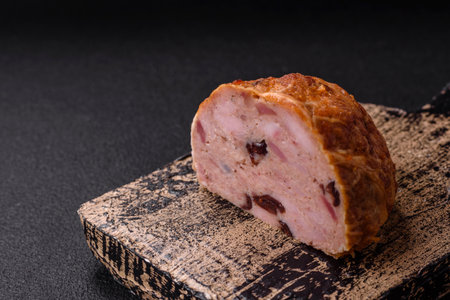 Smoked meatloaf or sausage with salt, spices and herbs on a dark concrete background