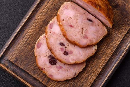 Smoked meatloaf or sausage with salt, spices and herbs on a dark concrete background