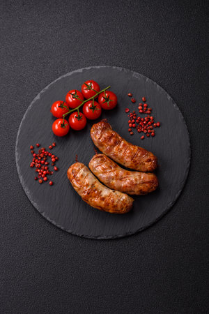Grilled pork or chicken sausages with salt, spices and herbs on a dark concrete backgroundの写真素材