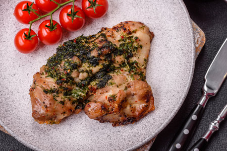 Grilled boneless chicken thigh with salt, spices and herbs on a dark concrete backgroundの写真素材