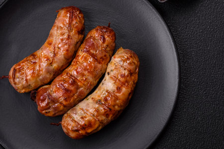 Grilled pork or chicken sausages with salt, spices and herbs on a dark concrete backgroundの写真素材