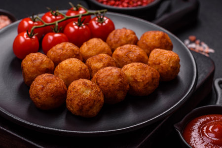 Delicious crispy balls breaded with mozzarella cheese, salt and spices on dark concrete background