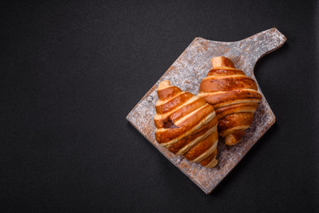 Delicious crispy sweet croissant cornet with chocolate on a dark concrete backgroundの写真素材