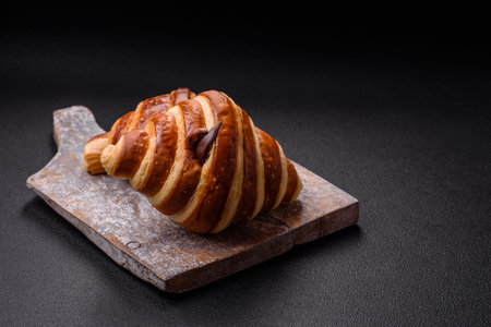 Delicious crispy sweet croissant cornet with chocolate on a dark concrete backgroundの写真素材