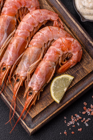 Tiger shrimp or langoustine boiled with spices and salt on a dark concrete backgroundの写真素材